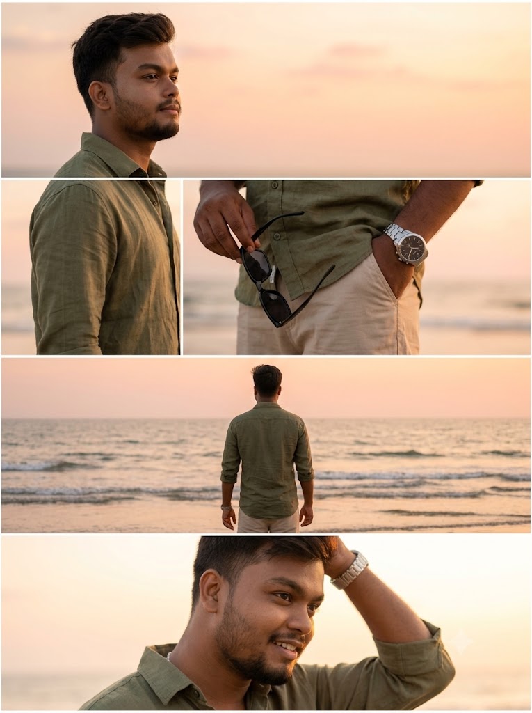 Viral DSLR Beach Photoshoot Collage AI Prompt: boys stylish image prompt