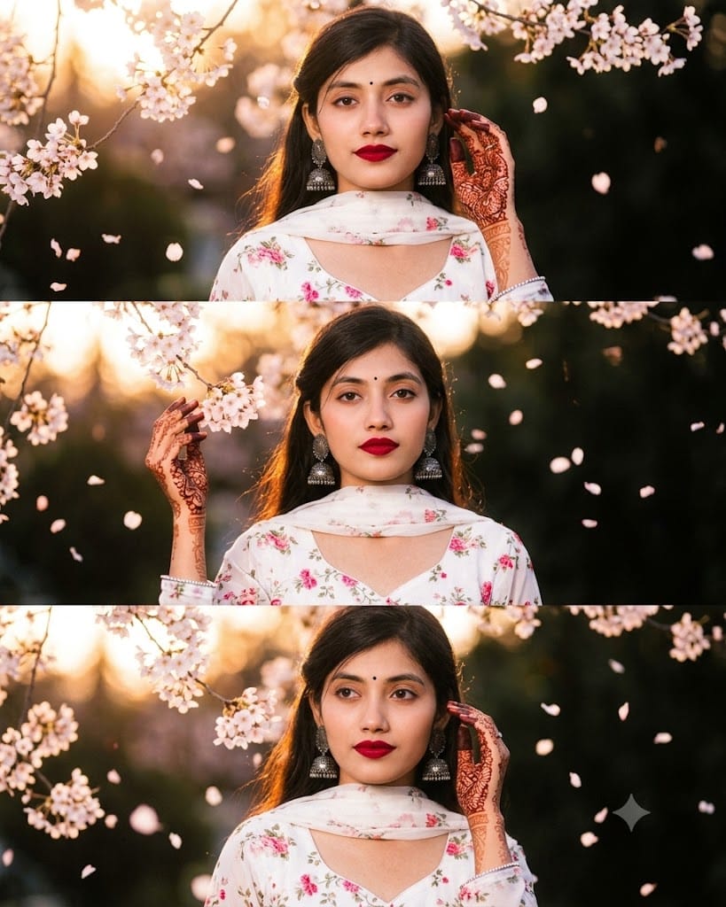 Viral stylish girl pose AI prompt: 3-Panel Floral Salwar Kameez AI Image Prompt