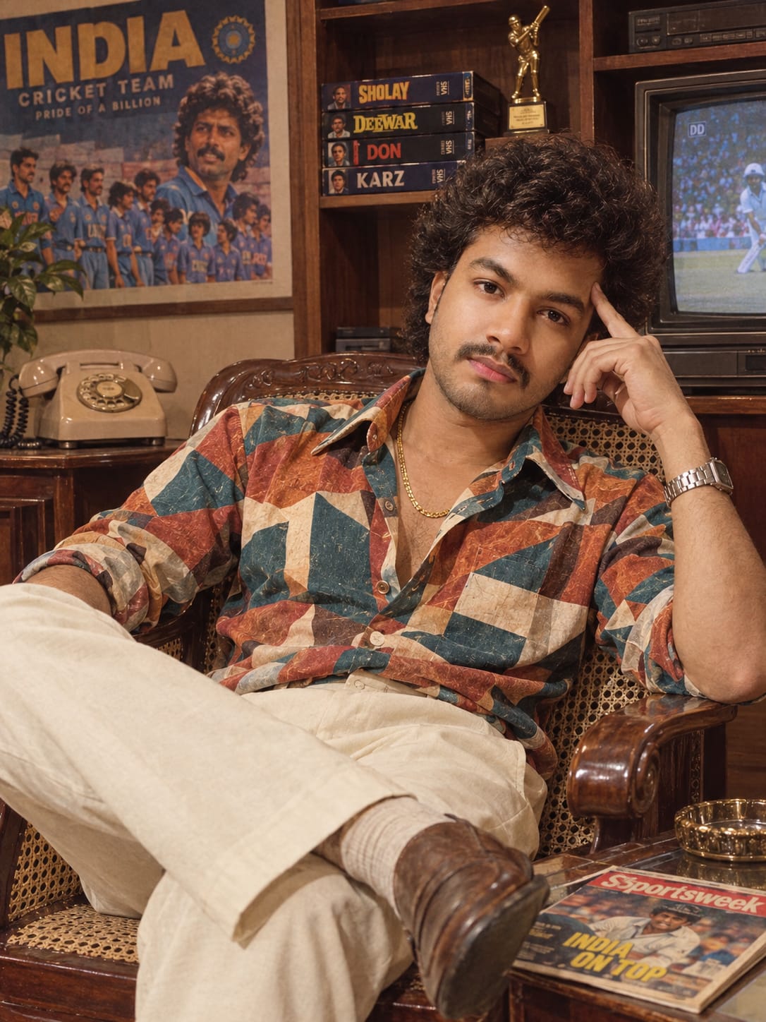 1980 Retro Indian Living Room AI Prompt: Create Ultra-Realistic Vintage 80s Portrait