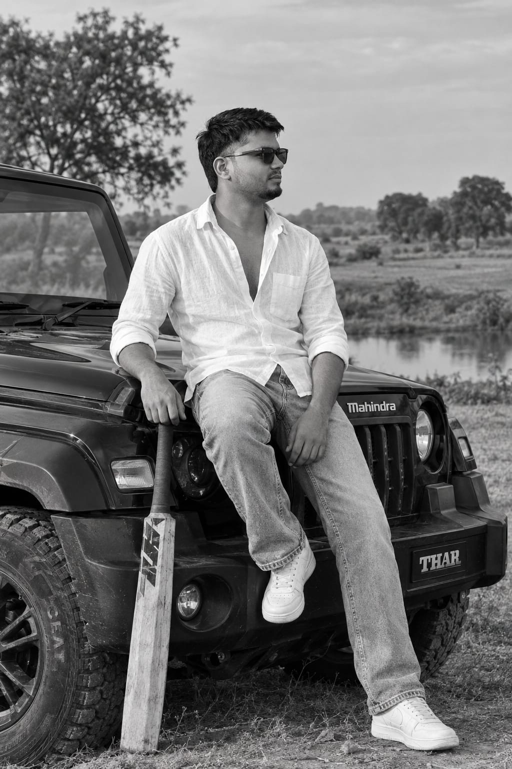 Mahindra Thar Black & White Editorial AI Image Prompt (HD)